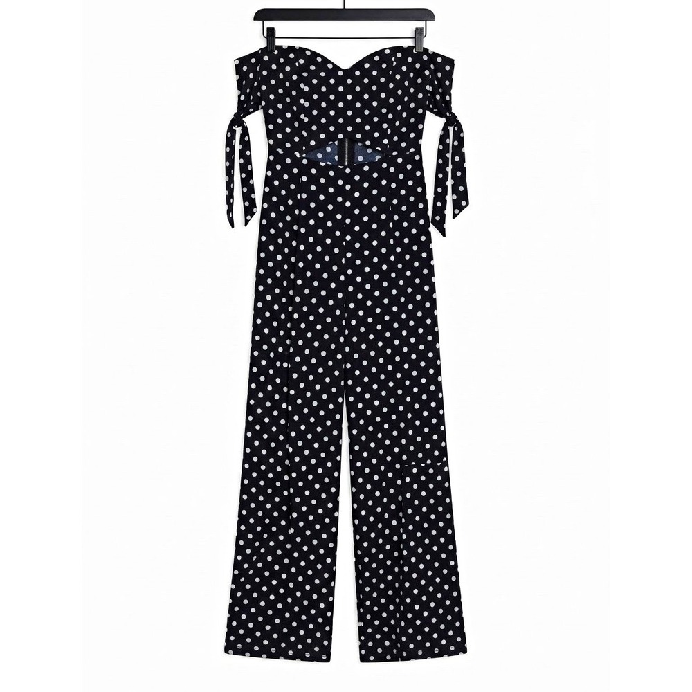 Fashion Nova Dotted Line Navy/White Polka Dot Off-Shoulder Jumpsuit M 3016J